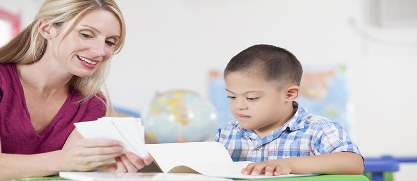 Stock photo of a teacher showing cards to a student